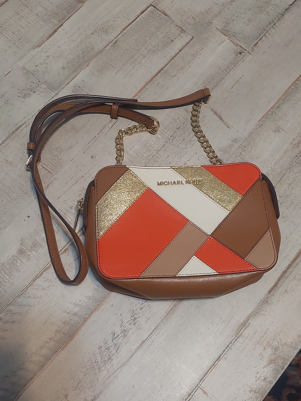 Michael Kors Patchwork Colorblock Crossbody in Brown, Orange & Cream with Gold